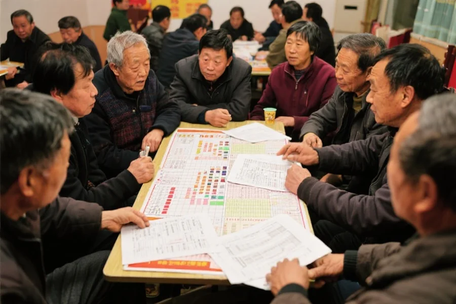 多位不同年龄的彩民围坐讨论，桌上摆放着带有走势图和统计报表的纸张，气氛认真